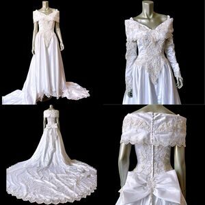 Vintage 90s Mori Lee Wedding Dress Size 6 Beaded Pearl Off Shoulder Bow Train